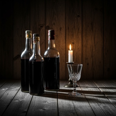 Três garrafas de vidro com líquido escuro, um copo de cristal vazio e uma vela acesa sobre mesa de madeira