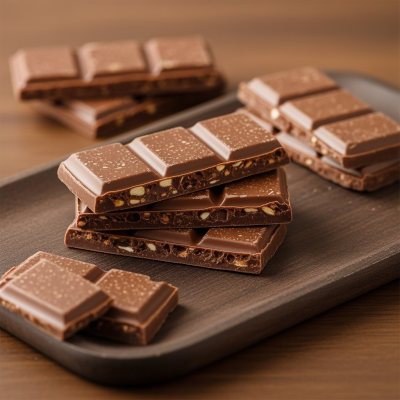 Barras de chocolate de leite com pedaços crocantes em tabuleiro sobre mesa de madeira