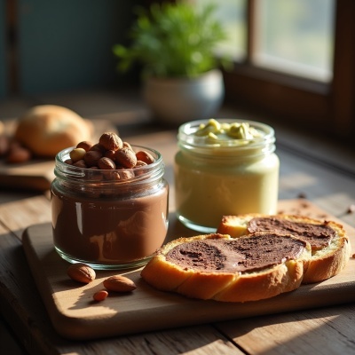 Frascos de creme castanho e creme amarelo com fatias de pão e avelãs numa tábua de madeira