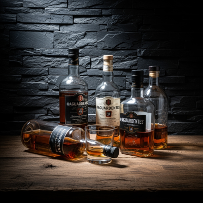 Garrafas de aguardente e copo numa mesa de madeira com parede de pedra escura