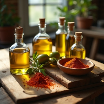 Garrafas com óleo dourado e especiarias vermelhas em superfície de madeira rústica