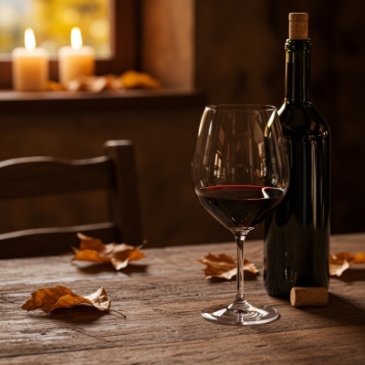 Garrafa de vinho tinto, copo com vinho e folhas secas sobre mesa de madeira com velas ao fundo