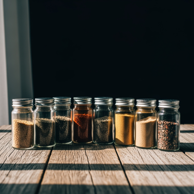 Oito frascos de vidro alinhados com especiarias coloridas sobre madeira