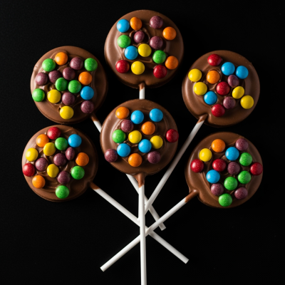 Pirulitos de chocolate com confeitos coloridos