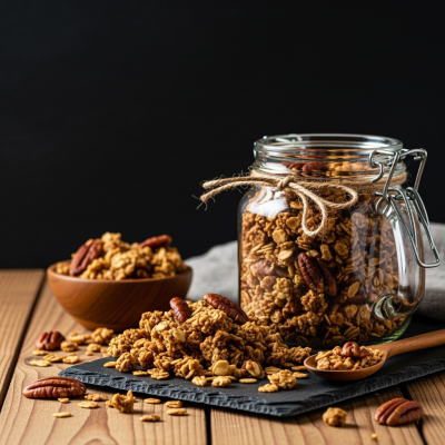 Frasco de vidro com granola e nozes pecãs em superfície de madeira e fundo preto
