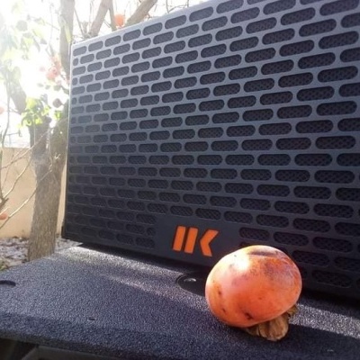 Coluna musical preta com logótipo laranja ao lado de uma fruta alaranjada em superfície cinzenta