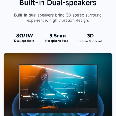 Ecrã com altifalantes duplos incorporados, texto promocional e imagem de músico a tocar teclado