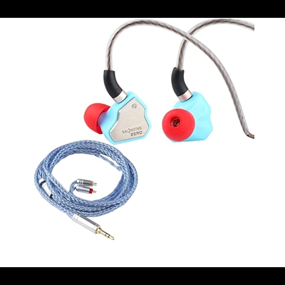 Auriculares intra-auriculares azuis e vermelhos com cabo azul e conector jack dourado