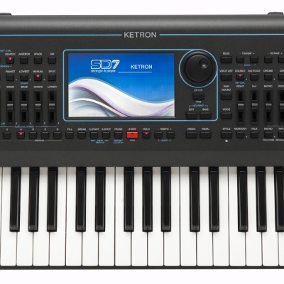 Teclado eletrónico preto com 61 teclas e ecrã digital colorido