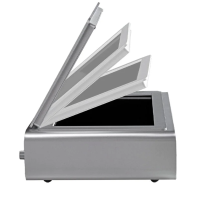 Scanner de documento com tampa articulada em três estágios, prateado e preto