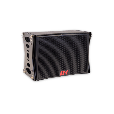 Coluna de som portátil preta com grelha e logótipo vermelho MK