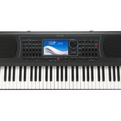 Teclado eletrônico preto com 61 teclas e ecrã digital