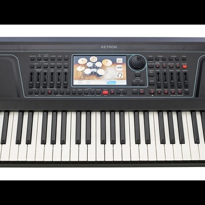 Teclado digital preto com 61 teclas e visor central colorido