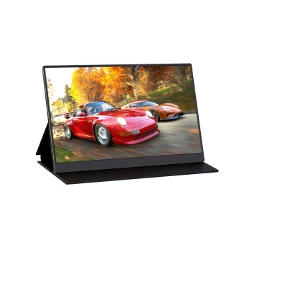 Monitor portátil a exibir carros desportivos vermelhos e laranja em estrada outonal