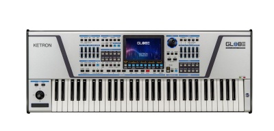 Teclado sintetizador Ketron GLOBE com teclas e painel de controlo digital.