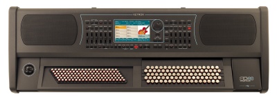 Teclado musical elétrico preto com visor colorido e botões circulares brancos.