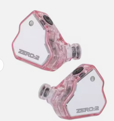 Auriculares intra-auriculares rosa transparentes com painel branco e texto ZERO:2