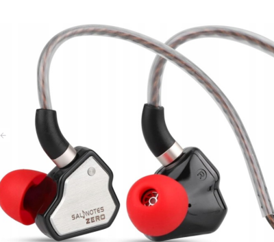 Auriculares intra-auriculares pretos com ponteiras vermelhas e cabos translúcidos torcidos