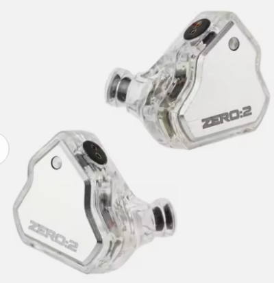 Dois auscultadores intra-auriculares transparentes com texto ZERO:2