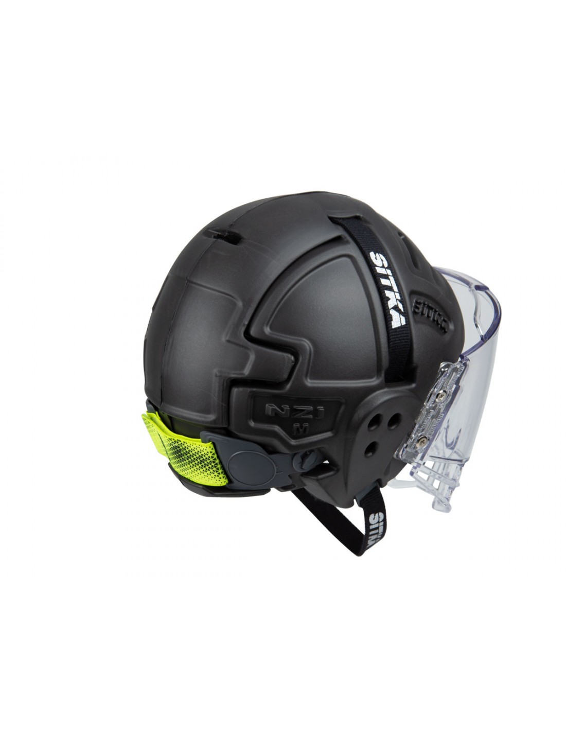 Capacete preto com viseira transparente e detalhes amarelos da marca SITKA