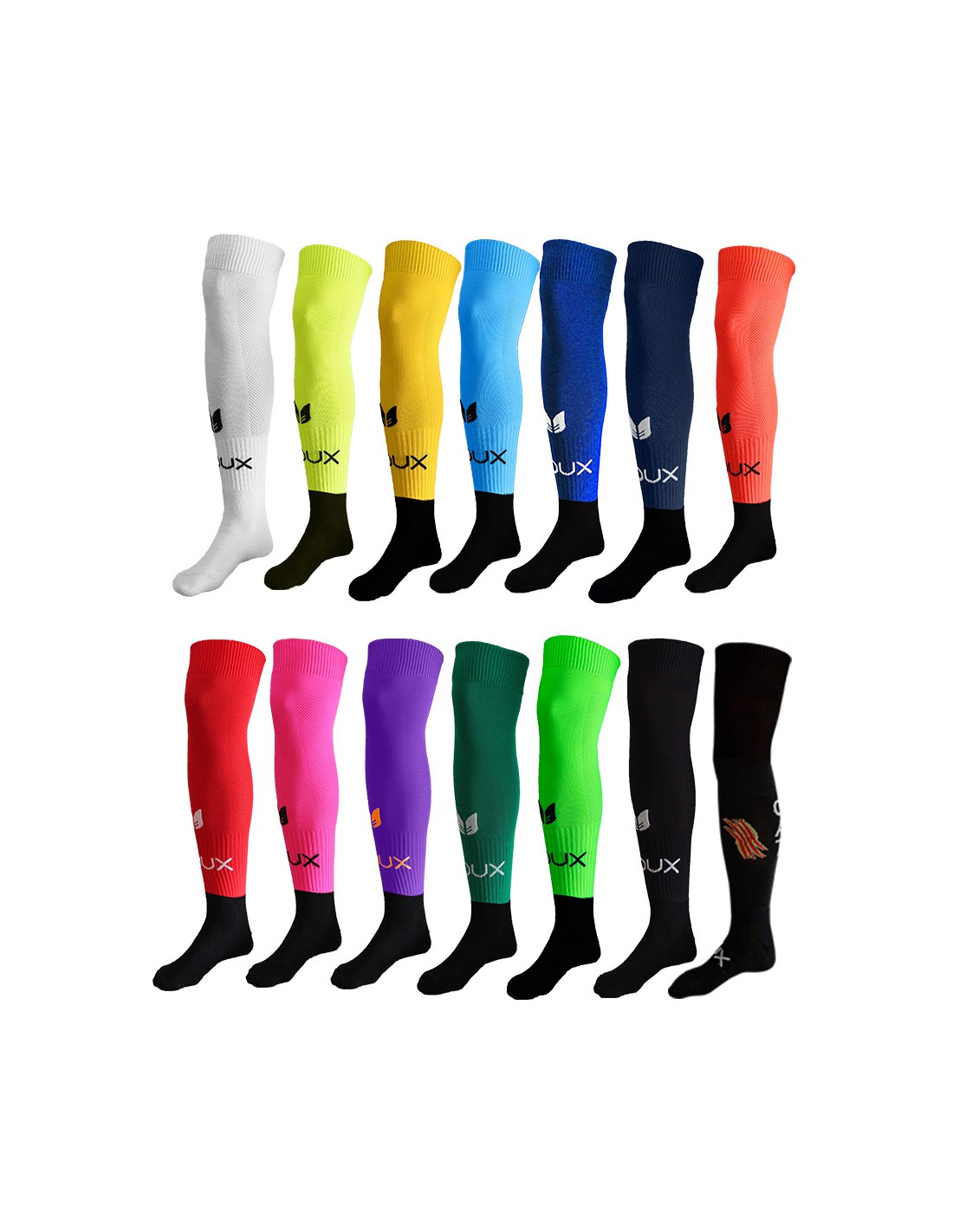 Vários pares de meias desportivas coloridas com parte inferior preta e texto LUX