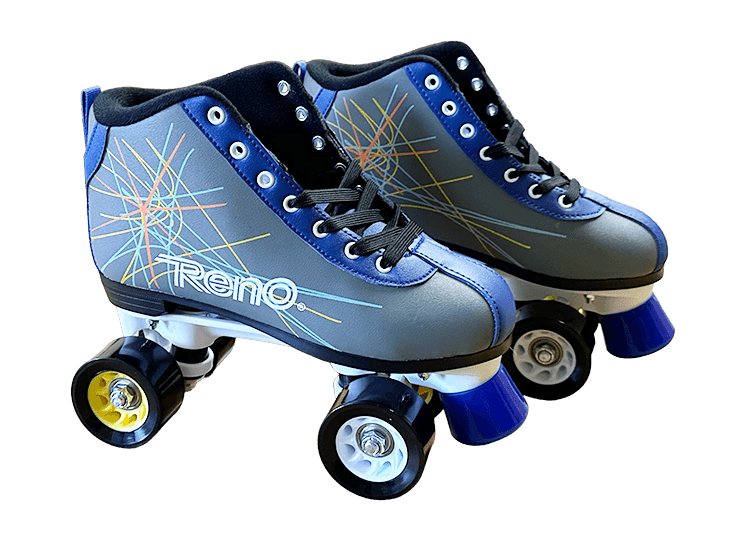 Patins cinza com detalhes azuis e amarelos e o logo Reno na lateral