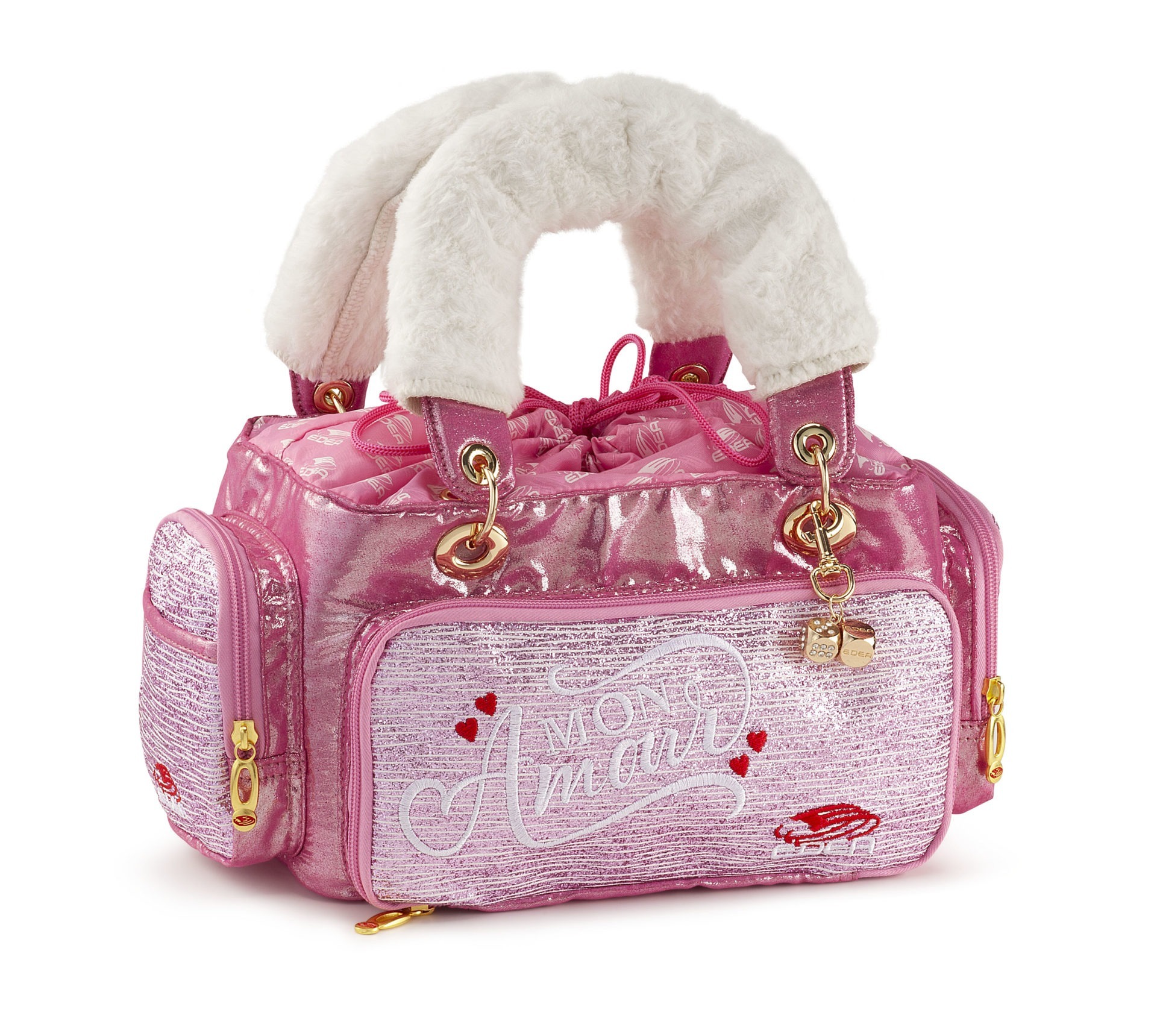 Mala rosa brilhante com alças de pelúcia branca e detalhes decorativos