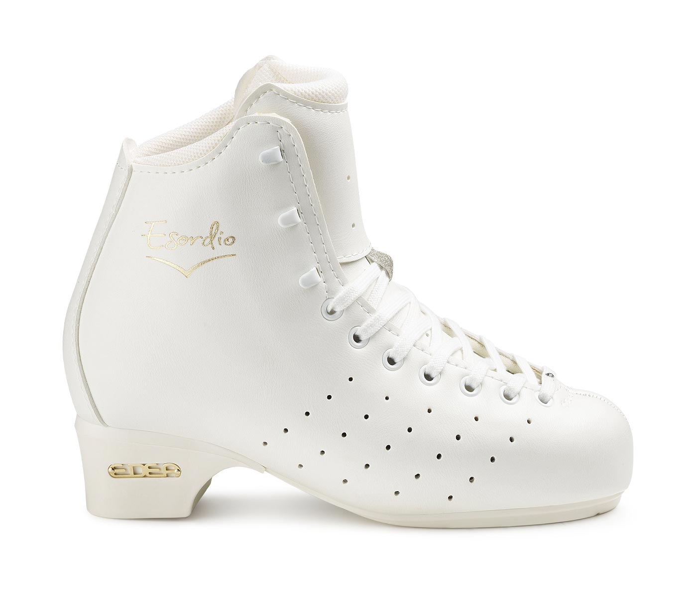 Bota de patinagem branca com cadarços e detalhes dourados