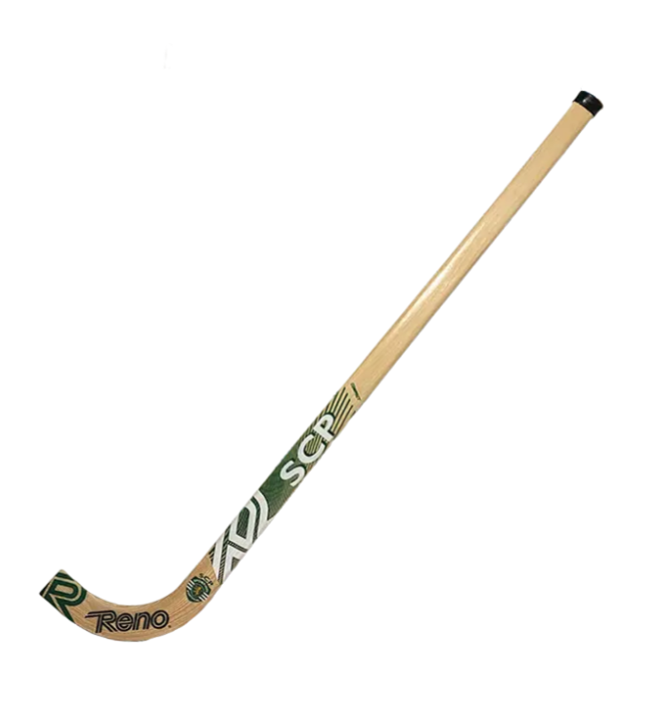 Stick de hóquei em patins de madeira com inscrições e símbolos verdes e brancos.