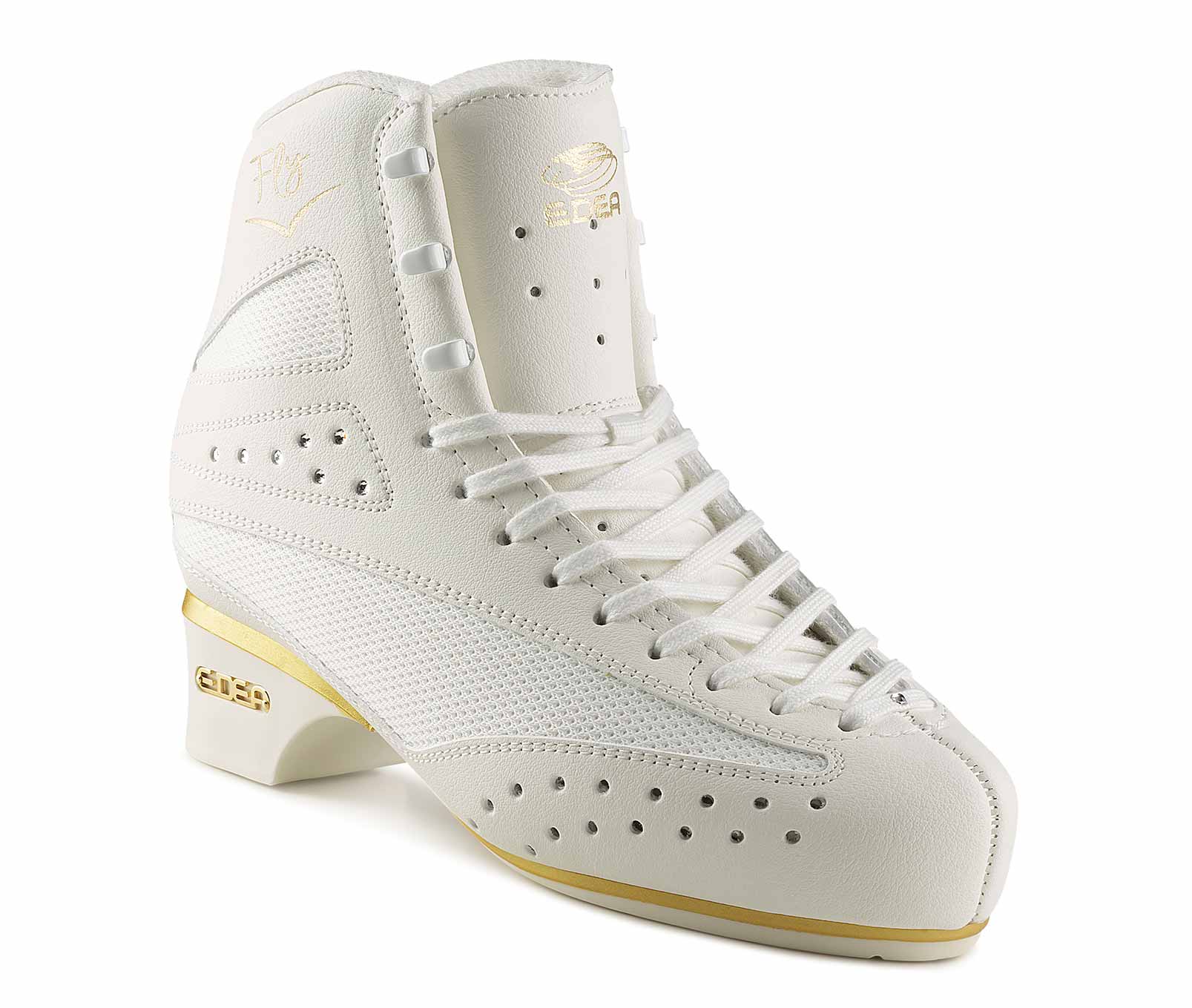 Patim branco para gelo com detalhes dourados e atacadores brancos