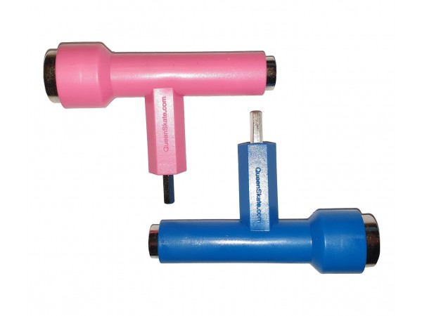 Ferramentas tipo chave para skate rosa e azul com texto Onewheel.com, fundo branco