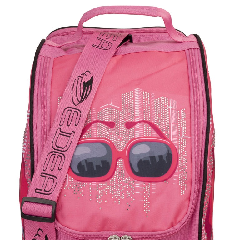 Mochila rosa com alça a tiracolo e estampa de óculos de sol e edifícios em luzes brancas
