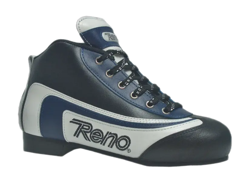 Bota de patinagem preta, branca e azul com texto Reno