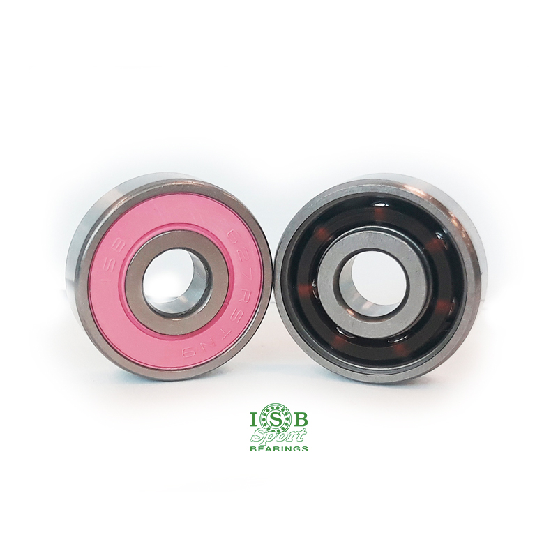Dois rolamentos com vedação rosa e preta sobre fundo branco com logotipo ISB Sports Bearings