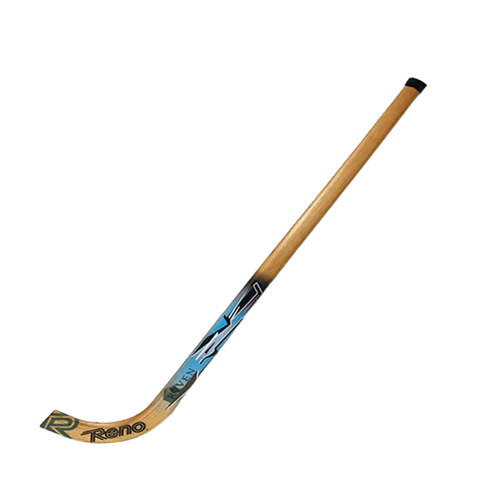 Taco de hóquei em madeira com design azul e preto e texto Reno e Raven Sky