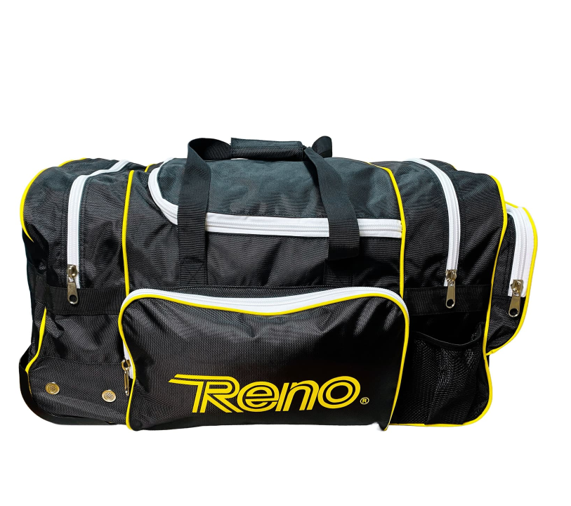 Mala desportiva preta com detalhes em amarelo e branco e logótipo Reno