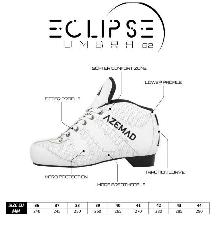 Sapato desportivo branco AZEMAD ECLIPSE UMBRA G2 com características e tabela de tamanhos