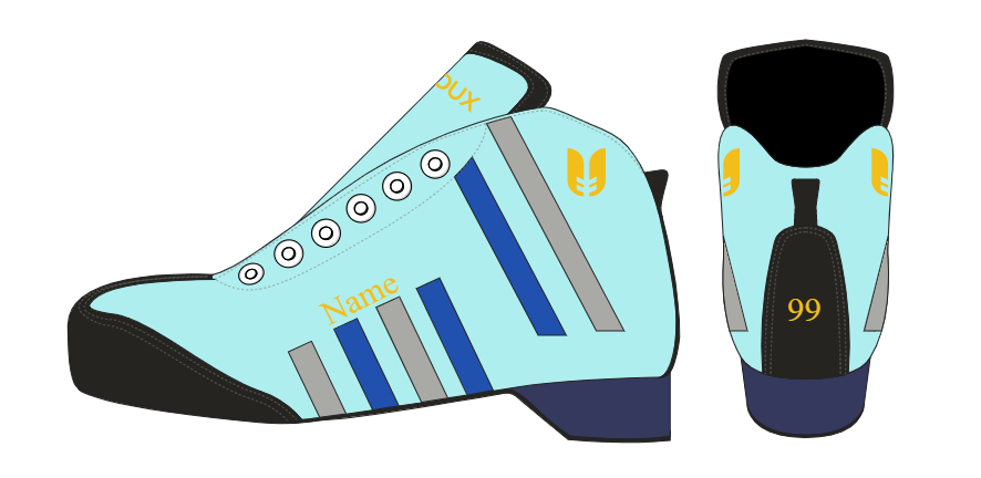 Calçado desportivo azul claro com detalhes em cinzento e preto, texto 'Name', 'DUX' e número 99 visíveis.