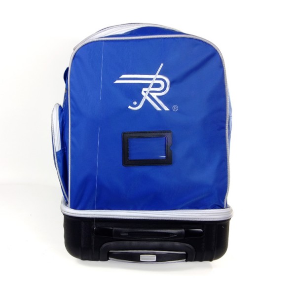 Mala de viagem azul com roda preta e logo branco.