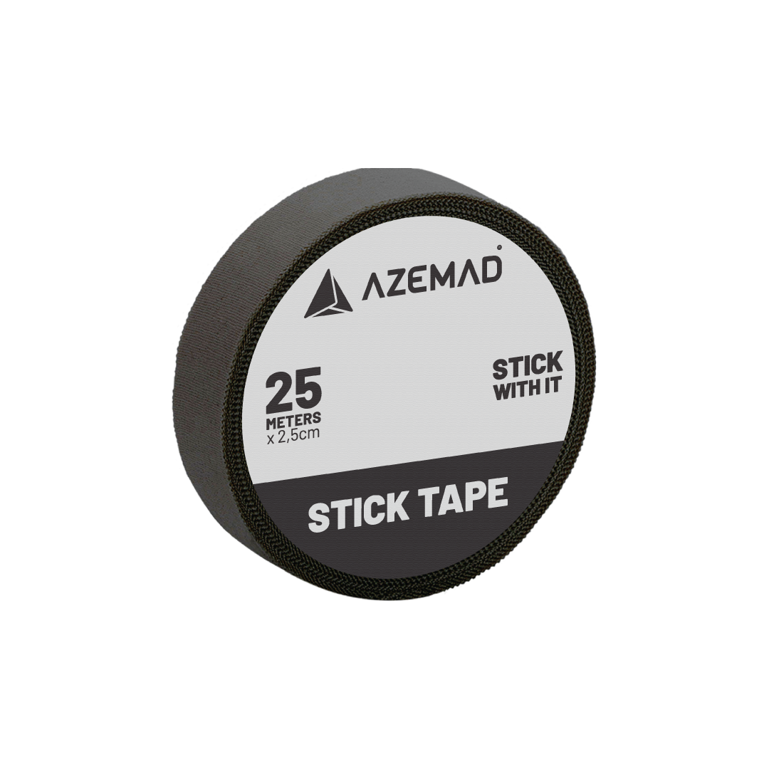 Rolo de fita adesiva preta AZEMAD Stick Tape com texto no rótulo