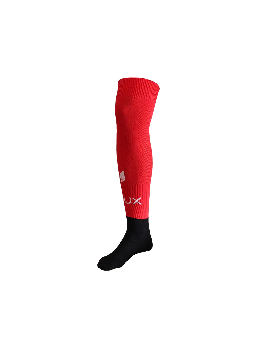 Meia desportiva cano alto preta e vermelha com texto branco FLUX