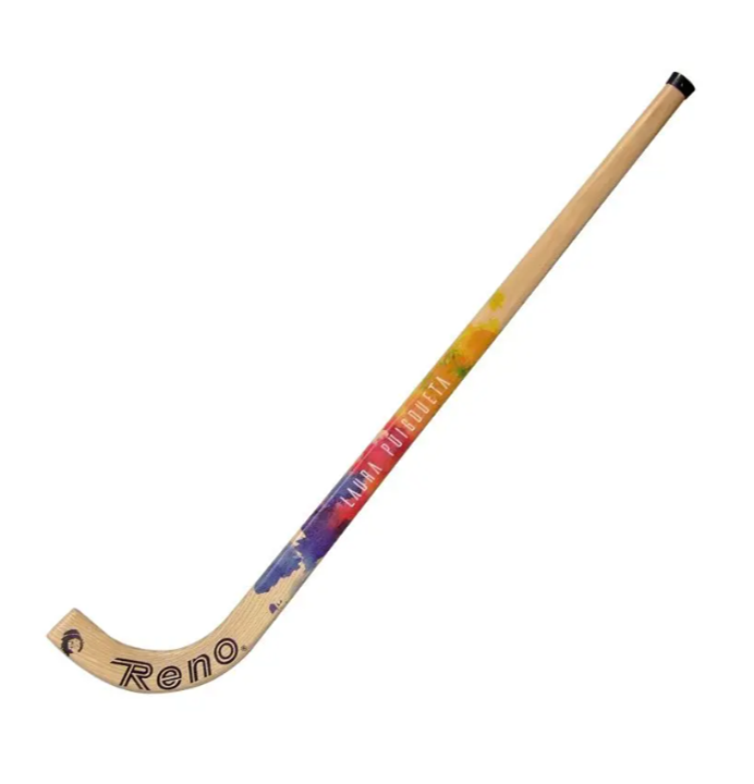 Stick de hóquei em patins de madeira colorido com textos Lima Pusqueta e Reno
