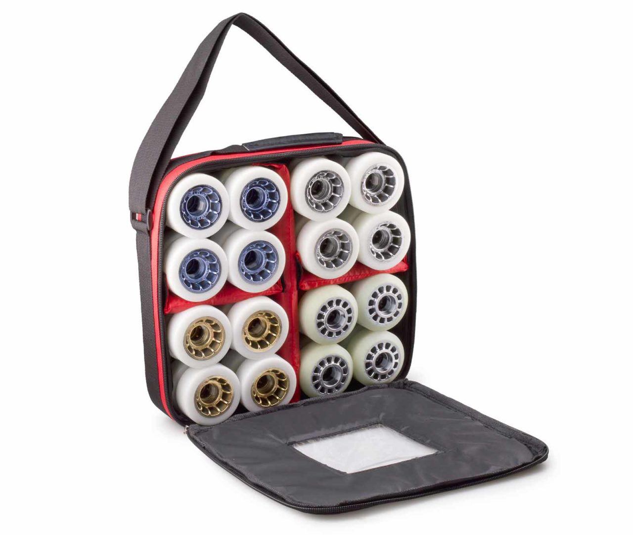 Estojo com rodas de skate coloridas organizadas em compartimentos