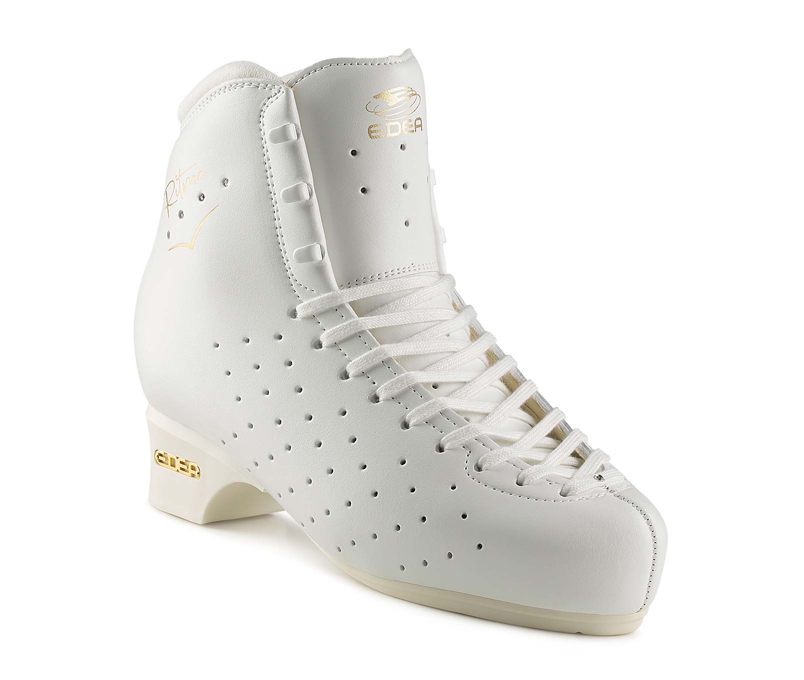 Bota de patinagem artística branca com detalhes perfurados e atacadores brancos