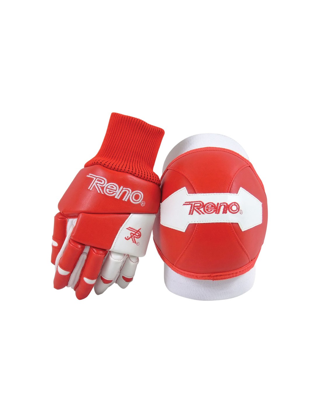 Conjunto desportivo vermelho e branco com luva e joelheira marca Reno.