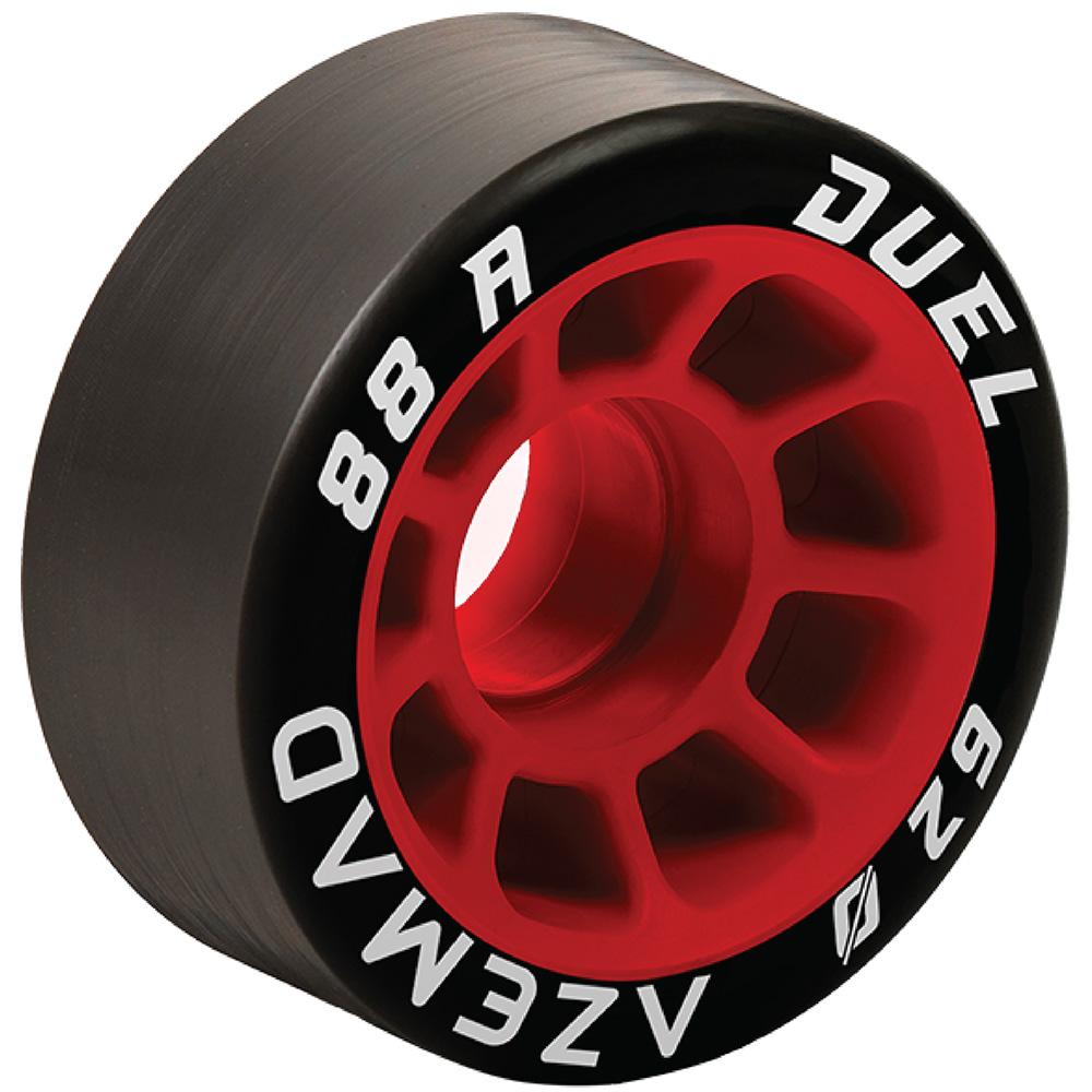 Roda preta de skate com centro vermelho e texto branco