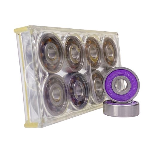 Rolamentos metálicos com anel roxo em caixa plástica transparente