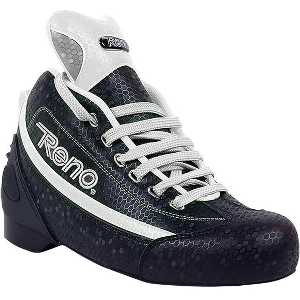 Sapato para patinação preto com detalhes brancos e a palavra Reno