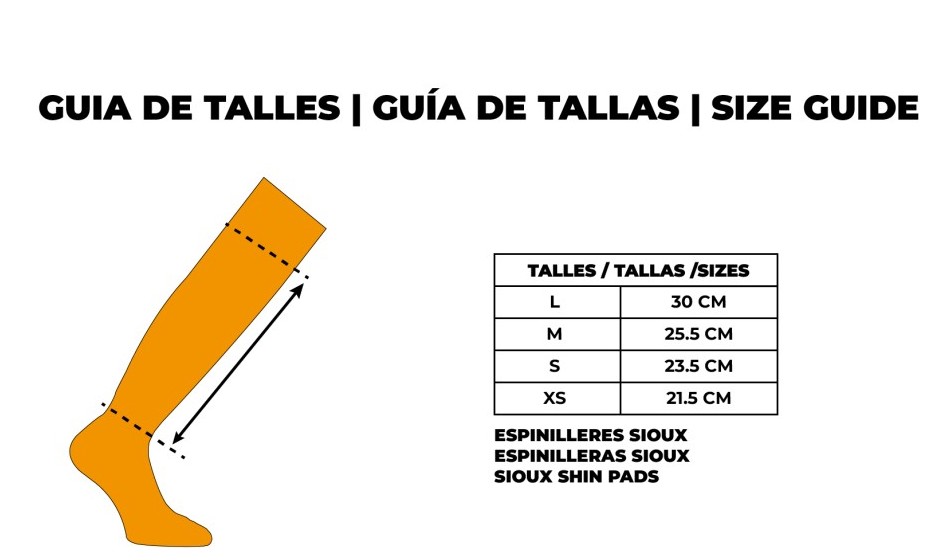Guia de tamanhos para proteções de canela Sioux em centímetros