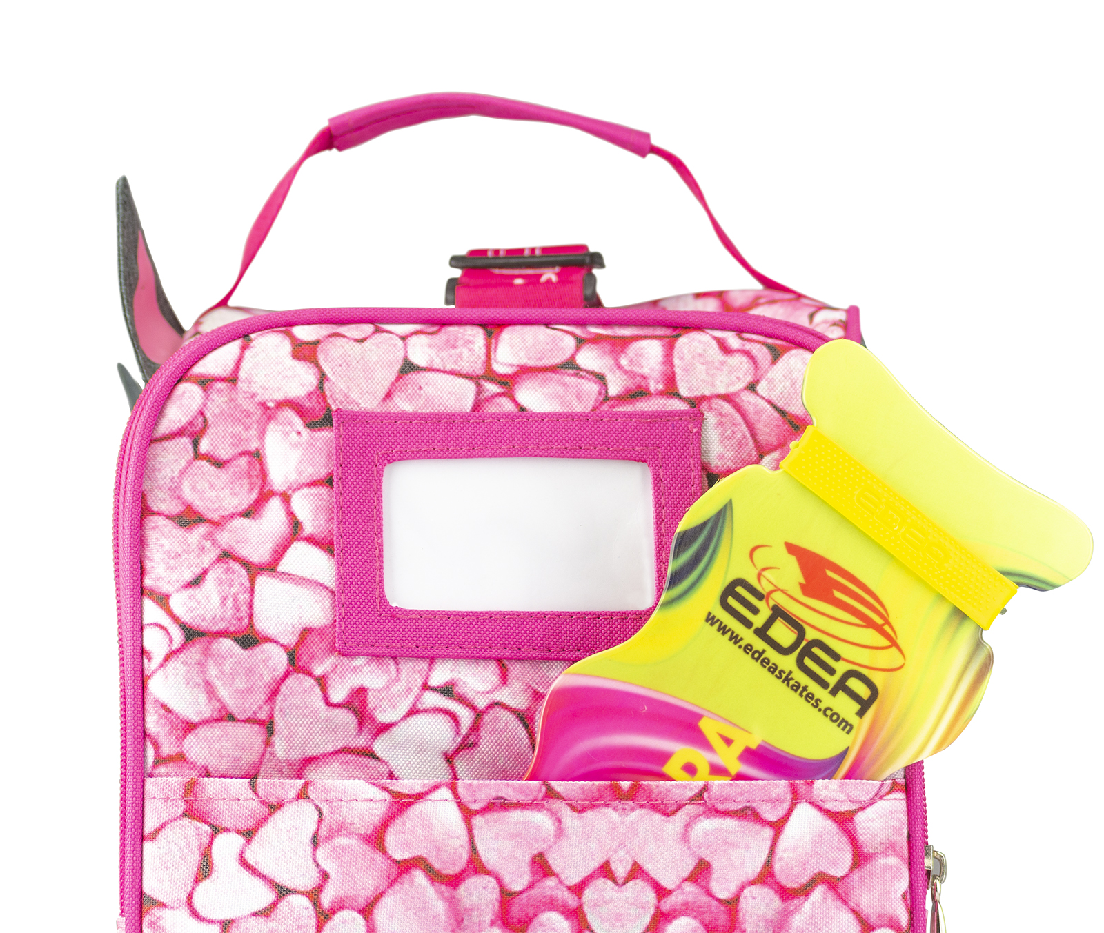 Mochila cor-de-rosa com padrão de corações e luva de patinagem amarela e rosa EDEA